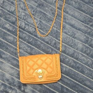 Valentino Orlandi Tan Quilted Crossbody Bag with Gold Chain
